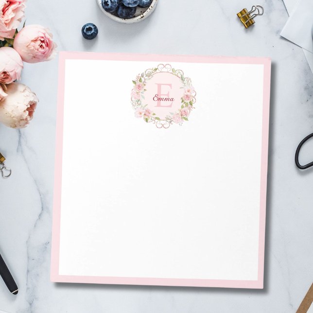 Monogram Vattenfärg Rosa Rosblommor Blommig Anteckningsblock (In situ)