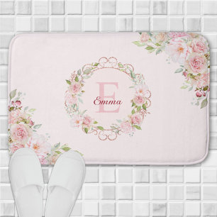 Monogram Vattenfärg Rosa Rosblommor Blommig Badrumsmatta