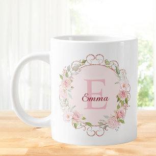 Monogram Vattenfärg Rosa Rosblommor Blommig Jumbo Mugg