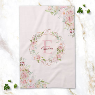 Monogram Vattenfärg Rosa Rosblommor Blommig Kökshandduk