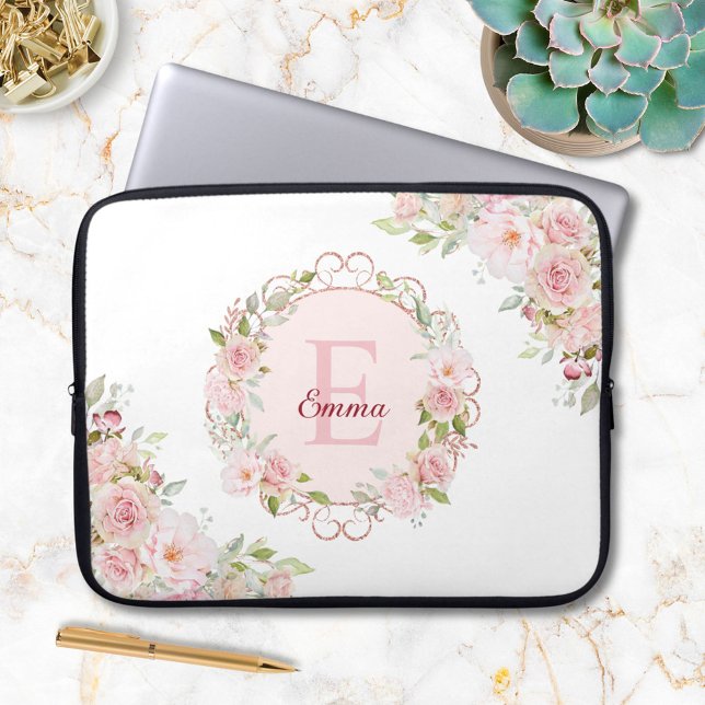 Monogram Vattenfärg Rosa Rosblommor Blommig Laptop Fodral (In situ)