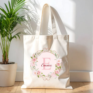 Monogram Vattenfärg Rosa Rosblommor Blommig Tygkasse