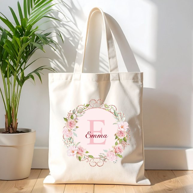 Monogram Vattenfärg Rosa Rosblommor Blommig Tygkasse (In situ)
