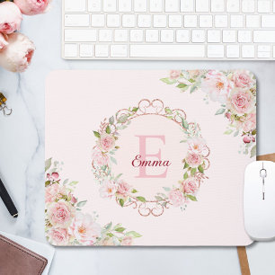 Monogram Vattenfärg Rosabruna Rosblommor Blommig Musmatta