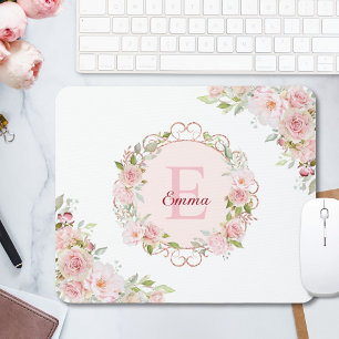 Monogram Vattenfärg Rosabruna Rosblommor Blommig Musmatta