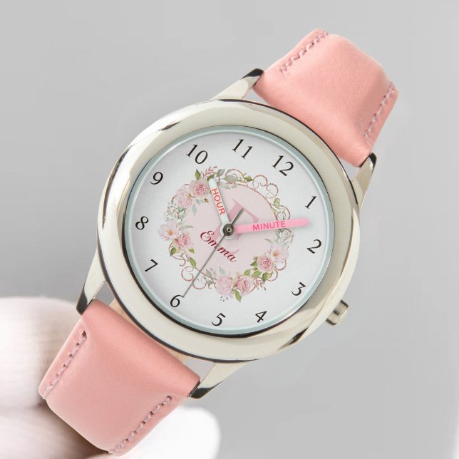 Monogram Vattenfärg Rosafärgade Rosblommor Blommig Armbandsur (In situ)