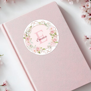 Monogram Vattenfärg Rosafärgade Rosblommor Blommig Runt Klistermärke