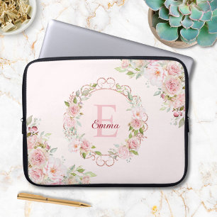 Monogram Vattenfärg Rosafärgade Rosor Blommor Flor Laptop Fodral