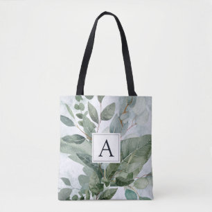 Monogram vattenfärg Rustic Sage grönska Tygkasse