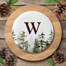 Monogram Vattenfärg Rustik Grön Skog Knapp