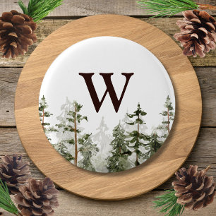 Monogram Vattenfärg Rustik Grön Skog Knapp