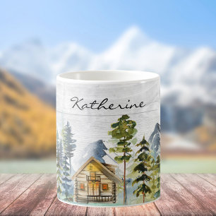 Monogram Vattenfärg Rustik Skogs Fjällstuga Kaffemugg