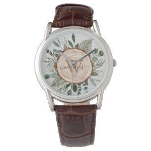 Monogram Vattenfärg Rustik Träskiva och Lövverk Armbandsur