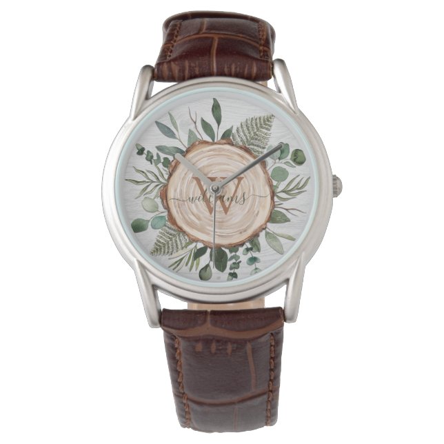 Monogram Vattenfärg Rustik Träskiva och Lövverk Armbandsur (Framsida)