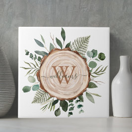 Monogram Vattenfärg Rustik Träskiva och Lövverk Kakelplatta