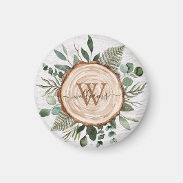 Monogram Vattenfärg Rustik Träskiva och Lövverk Magnet
