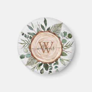 Monogram Vattenfärg Rustik Träskiva och Lövverk Magnet