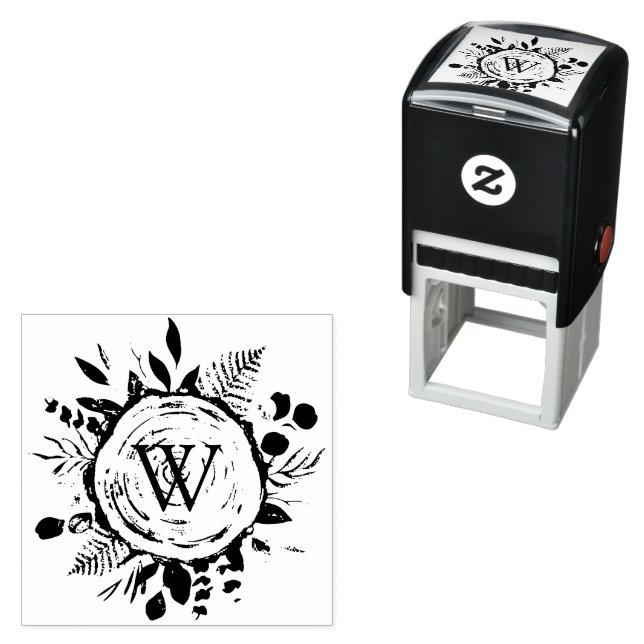 Monogram Vattenfärg Rustik Träskiva och Lövverk Självfärgande Stämpel (In Situ)