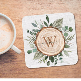 Monogram Vattenfärg Rustik Träskiva och Lövverk Underlägg Papper Kvadrat