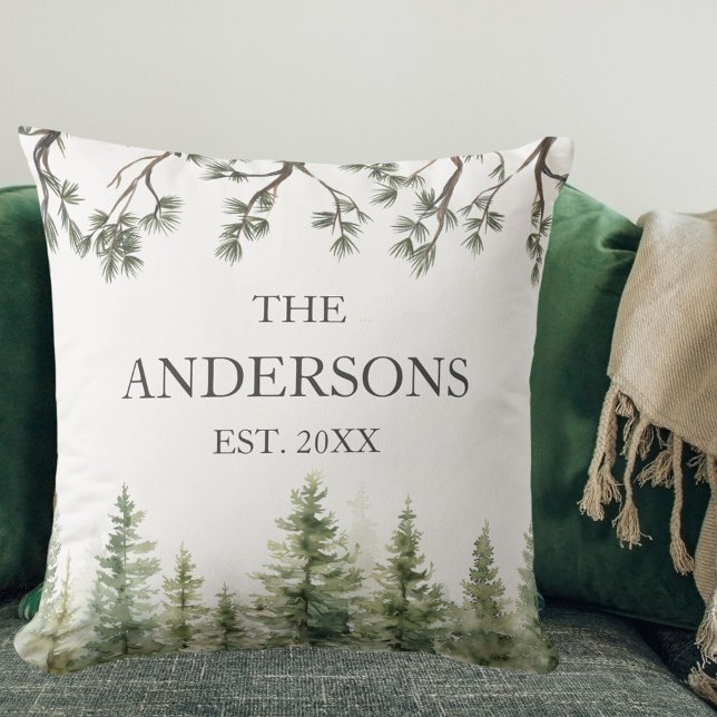 Monogram Vattenfärg Rustika Tallar och Grenar Kudde (In situ)