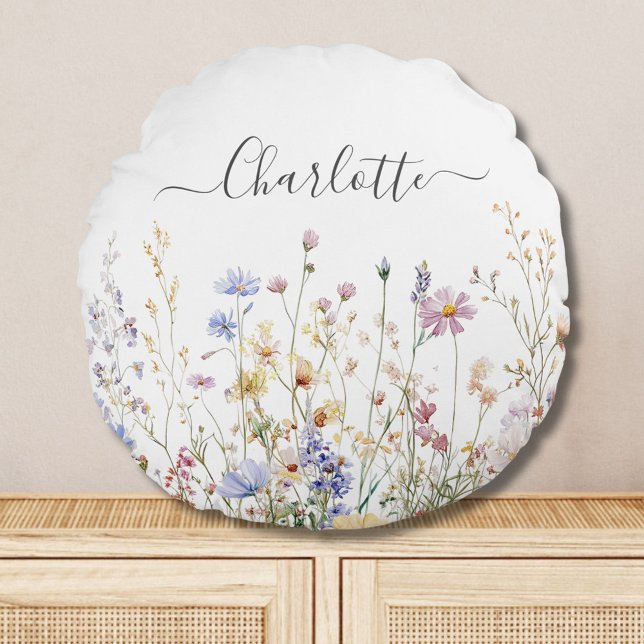 Monogram Vattenfärg Rustikt Vackert Vildblommefält Rund Kudde (In situ)