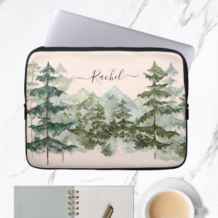 Monogram Vattenfärg Tallskog Berg Rustik Laptop Fodral
