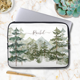 Monogram Vattenfärg Tallskog Berg Rustik Laptop Fodral