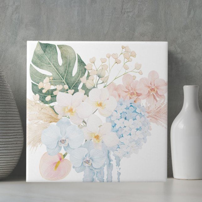 Monogram Vattenfärg Tropisk Blomsterbukett Blommig Kakelplatta (Skapare uppladdad)