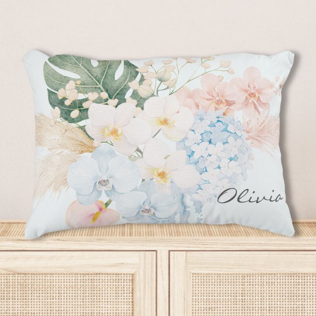 Monogram Vattenfärg Tropisk Blomsterbukett Blommig Prydnadskudde (Skapare uppladdad)