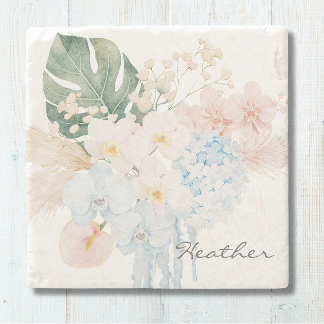 Monogram Vattenfärg Tropisk Blomsterbukett Blommig Stenunderlägg (Skapare uppladdad)