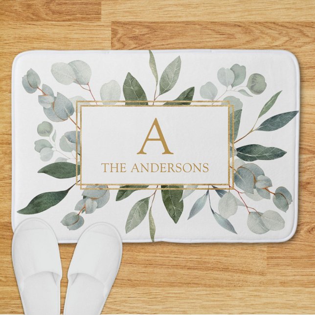 Monogram Vattenfärg Tropisk Grön Vita Blad Badrumsmatta (In situ)