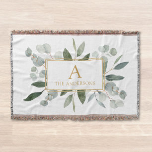 Monogram Vattenfärg Tropiska Gröna Blad Filt