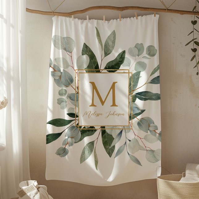 Monogram Vattenfärg Tropiska Gröna Blad Fleecefilt (In situ)