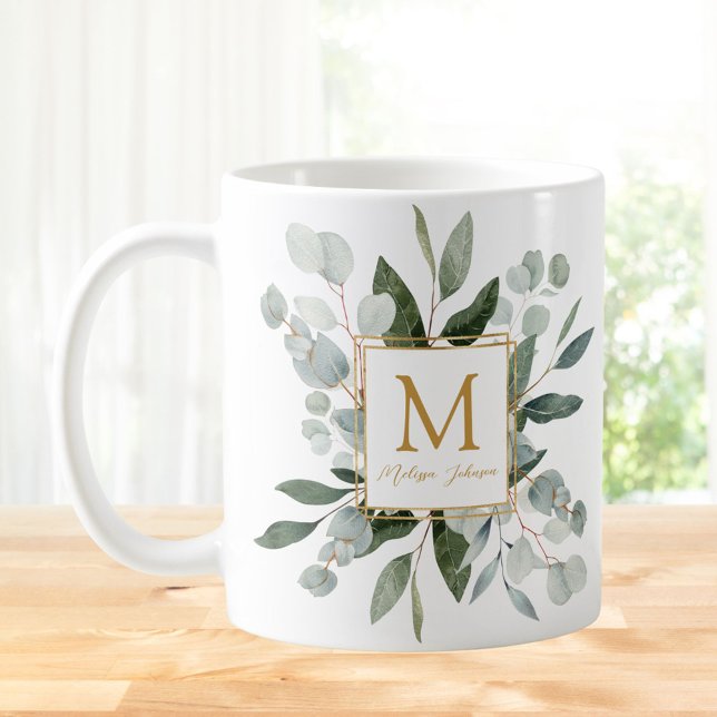 Monogram Vattenfärg Tropiska Gröna Blad Kaffemugg (In situ)