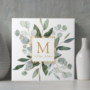 Monogram Vattenfärg Tropiska Gröna Blad Kakelplatta