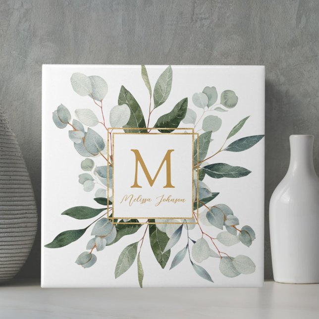 Monogram Vattenfärg Tropiska Gröna Blad Kakelplatta (Close up)