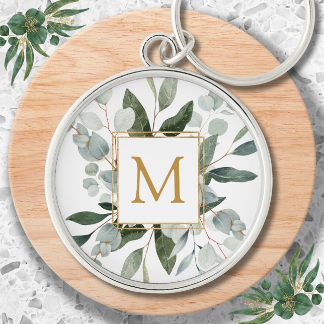 Monogram Vattenfärg Tropiska Gröna Blad Rund Silverfärgad Nyckelring (In situ)