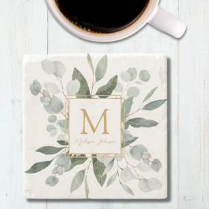 Monogram Vattenfärg Tropiska Gröna Blad Stenunderlägg