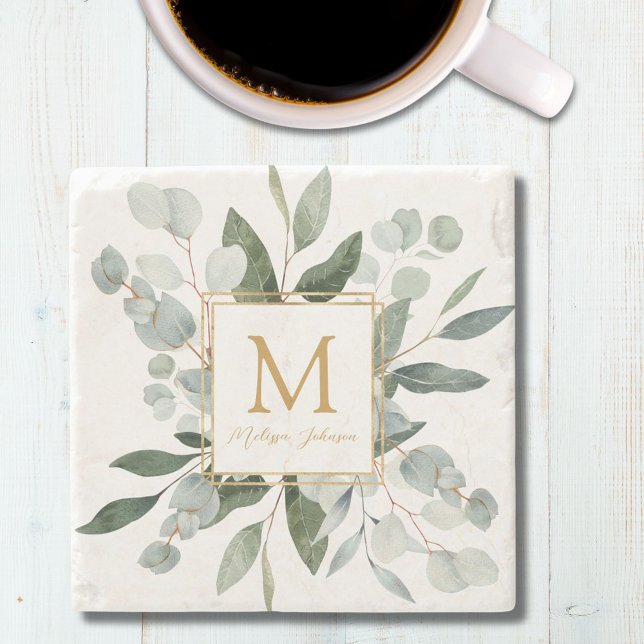 Monogram Vattenfärg Tropiska Gröna Blad Stenunderlägg (In situ)