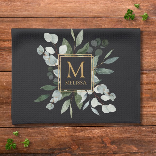 Monogram Vattenfärg Tropiska Gröna Blad Svart Kökshandduk (In situ)