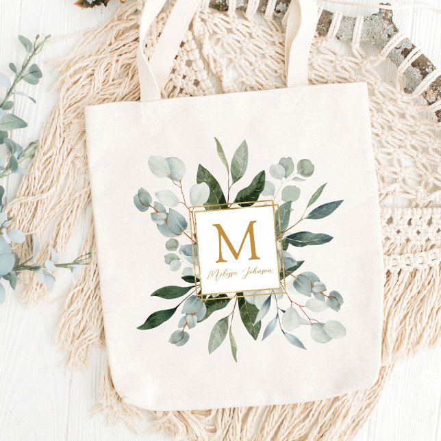 Monogram Vattenfärg Tropiska Gröna Blad Tygkasse (Close up)