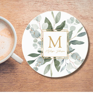 Monogram Vattenfärg Tropiska Gröna Blad Underlägg