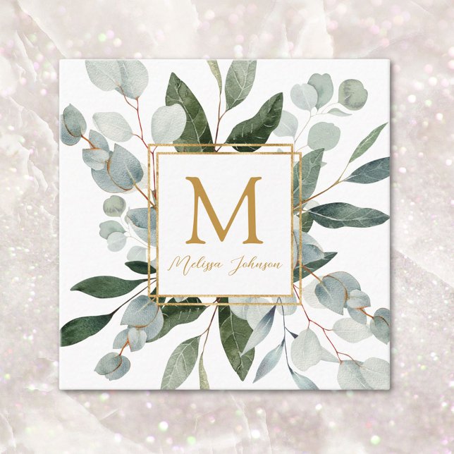 Monogram Vattenfärg Tropiska Gröna Blad Vita Fyrkantigt Visitkort (In situ)