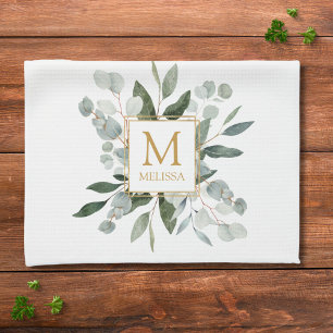 Monogram Vattenfärg Tropiska Gröna Blad Vita Kökshandduk