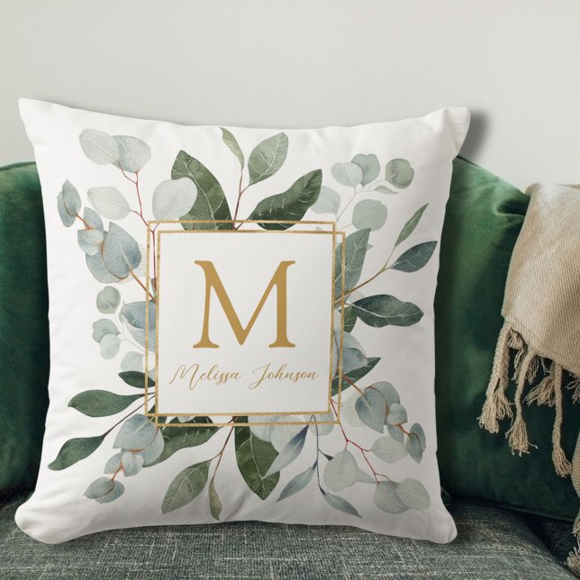 Monogram Vattenfärg Tropiska Gröna Blad Vita Kudde (In situ)