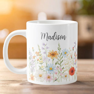 Monogram Vattenfärg Vilda Blommor Blommig Botanisk Jumbo Mugg