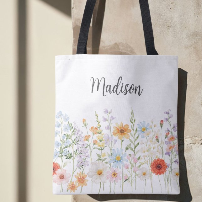 Monogram Vattenfärg Vilda Blommor Blommig Botanisk Tygkasse (Skapare uppladdad)