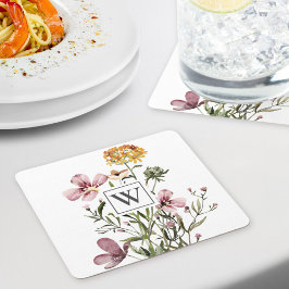 Monogram Vattenfärg Vildblombukett #1  Underlägg Papper Kvadrat