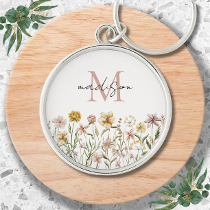 Monogram vattenfärg vildblomma äng blommig rund silverfärgad nyckelring