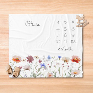 Monogram Vattenfärg Vildblomma Milstolpe Baby Fleecefilt